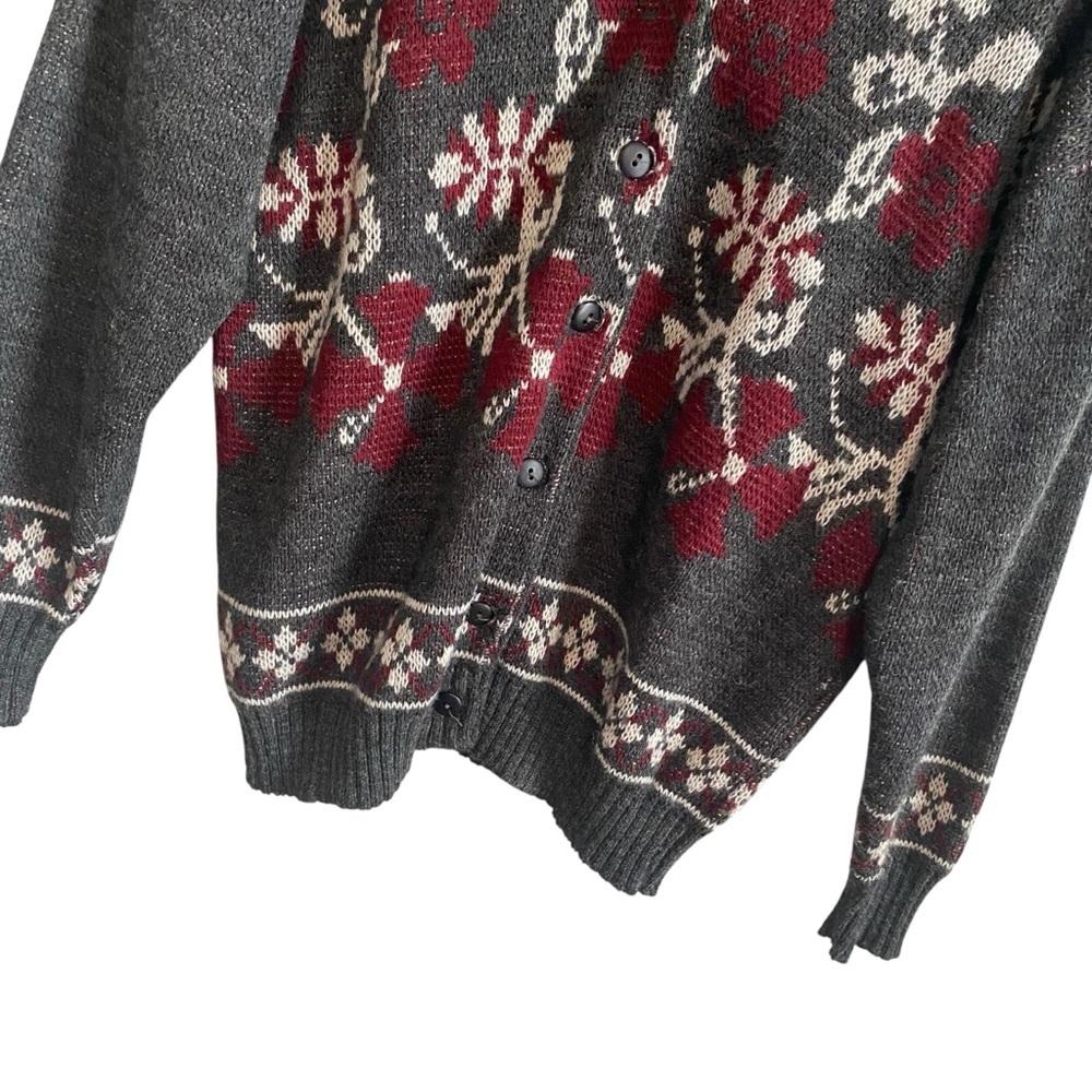 Vintage Made in Italy Gray Red White Floral Cardigan Wool Blend Knit Sweater S - Picture 2 of 7